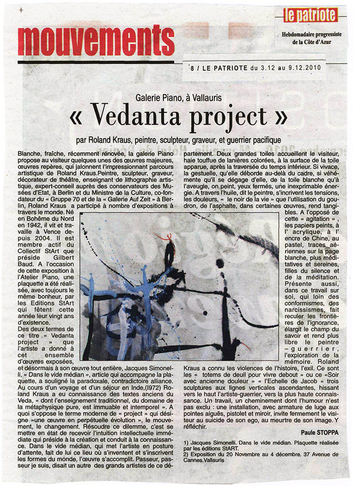 Exposition Roland KRAUSS Galerie Piano, Le Patriote du 3-12-2010