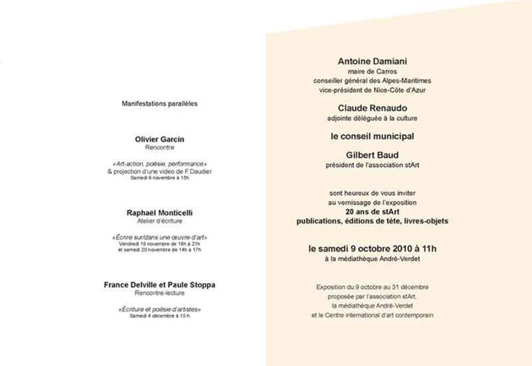 Exposition 20 ans de stArt à la Médiathèque de Carros, octobre 2010