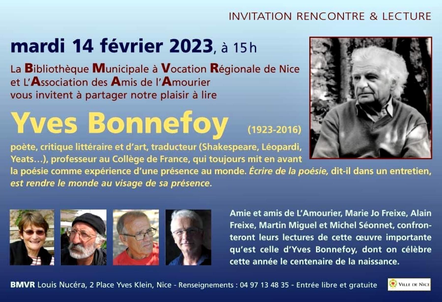 RENCONTRE - LECTURES : AUTOUR DE L'ŒUVRE D'YVES BONNEFOY à la BMVR Louis Nucéra